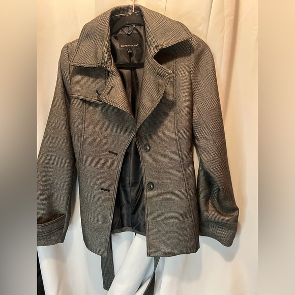 Banana Republic Black Plaid Short Trench, Size 2 - Picture 2 of 8